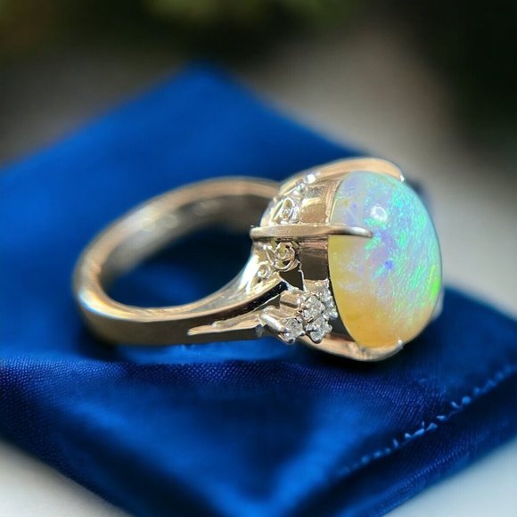 Genuine 7.2 CT Opal Stone + Diamonds White Platinum 900 Gold Ring US Sz 5.75 - Picture 4 of 14